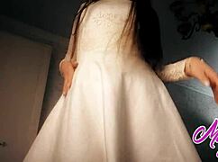 sweet babe in white dress undresses slowly