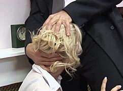 The slutty blonde secretary says, 'Fuck me on the table'