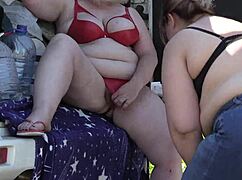 Mature lesbians spied in public park lingerie