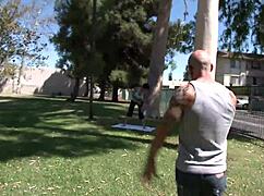 short-haired brunette milf takes huge cock in anal and pussy on bed