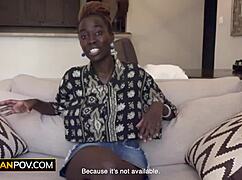 Big natural tits ebony model endures hardcore sex during bikini try-on. Rough and intense.