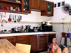 housewife in pantyhose gets orgasm while cooking as naked maid