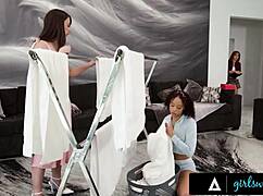 I caught petite brunette Alexis Tae in a risky affair with handywoman Lumi Ray.