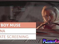 Petite blonde teen Polina reveals her shaved pussy in a vintage car