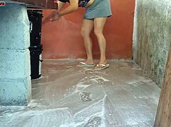 wife out, hot short maid grabs my cock and fucks me in the house