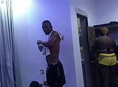 Behind the scenes, wet Sarah prepares for our shoot, setting mics and sampling costumes.