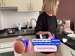 For breakfast, instead of milk, the cute blonde teen received a mouthful of sperm from her stepbrother's deepthroat blowjob in the kitchen