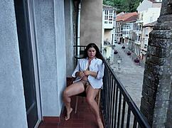 Risky Public Balcony Masturbation Of My Stepsister, A Curvy Brunette Flashing Her Naked Tits And Pussy