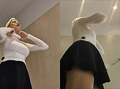 no bra try on haul upskirt view of panties in dressing room, caught on hidden cam