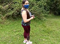 Stepmom exhibits huge vagina to stepson in forest