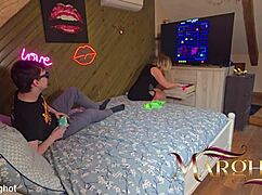 Mother-in-law warms stepson during pac-man, he fucks her and fills pussy before eating sperm