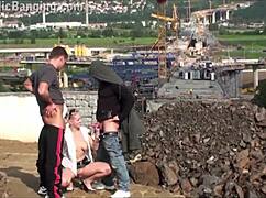 yound blonde cutie gets fucked hard in public by two guys