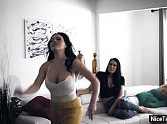 Krissy Lynn Shares Guy's Big Cock with Horny Lesbians After Kissing