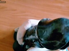 teasing handjob on huge black dildo using sexy gloves