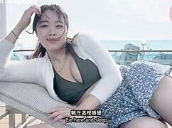 Macy Chan seduces in Hong Kong cruise twilight, blending sexy daily life with erotic Cantonese AV vibes by the pool