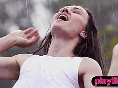 rain pours as petite ukrainian milf rips clothes showing nude bubble butt and small tits