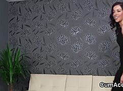 Wanna watch this bizarre babe suck jizz loads and swap cum on her face?