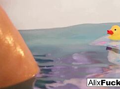 Blonde Lesbians Pound Pussies to Gushing Orgasms in Bathtub